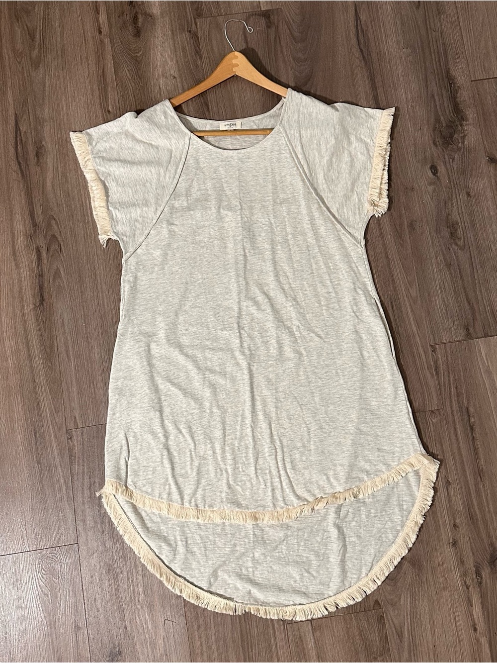 Umgee Cream Dress Fringe-Hem Short Sleeve Cotton Boho Pockets NWOT